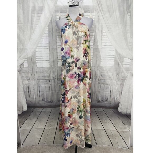 Alex Marie Ivory Pink Floral Long Maxi Sleeveless V Neck Halter Dress Easter NEW - Picture 1 of 11